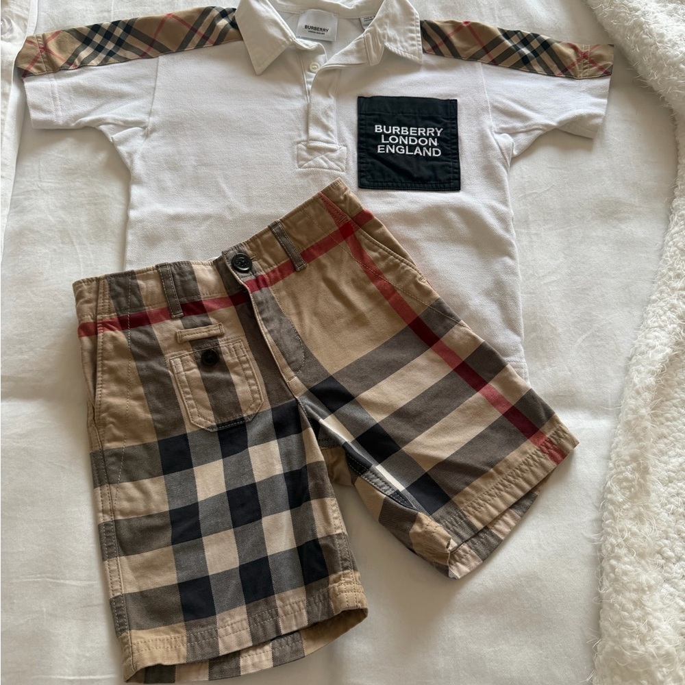 Burberry White Polo with Classic Beige Check Shorts